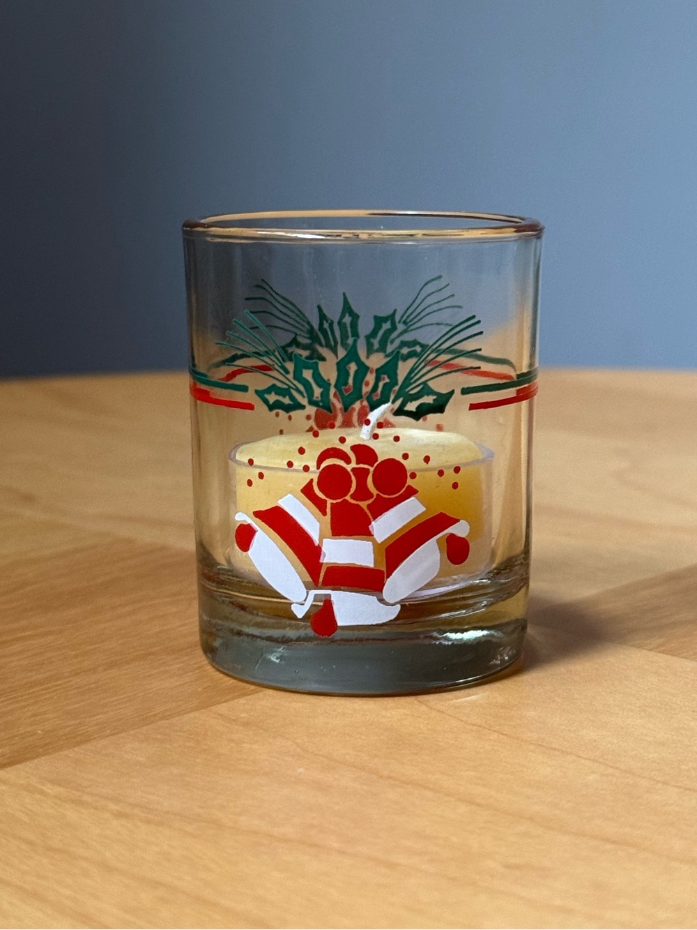 Bells & Holly Vintage Christmas Votive Tealight Candle Holder Glass Cup Brazil